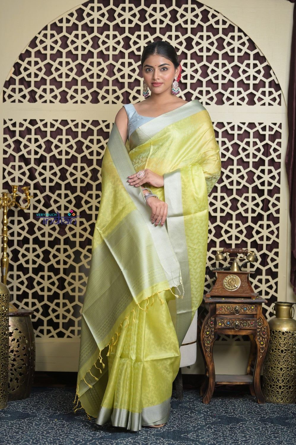 Shubh Lakshmi 2.0 ~ Designer Handloom Kota Silk Saree with Diamond Pattern in Lime Yellow