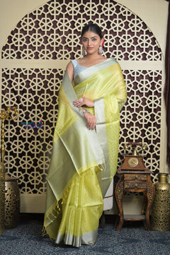 Shubh Lakshmi 2.0 ~ Designer Handloom Kota Silk Saree with Diamond Pattern in Lime Yellow