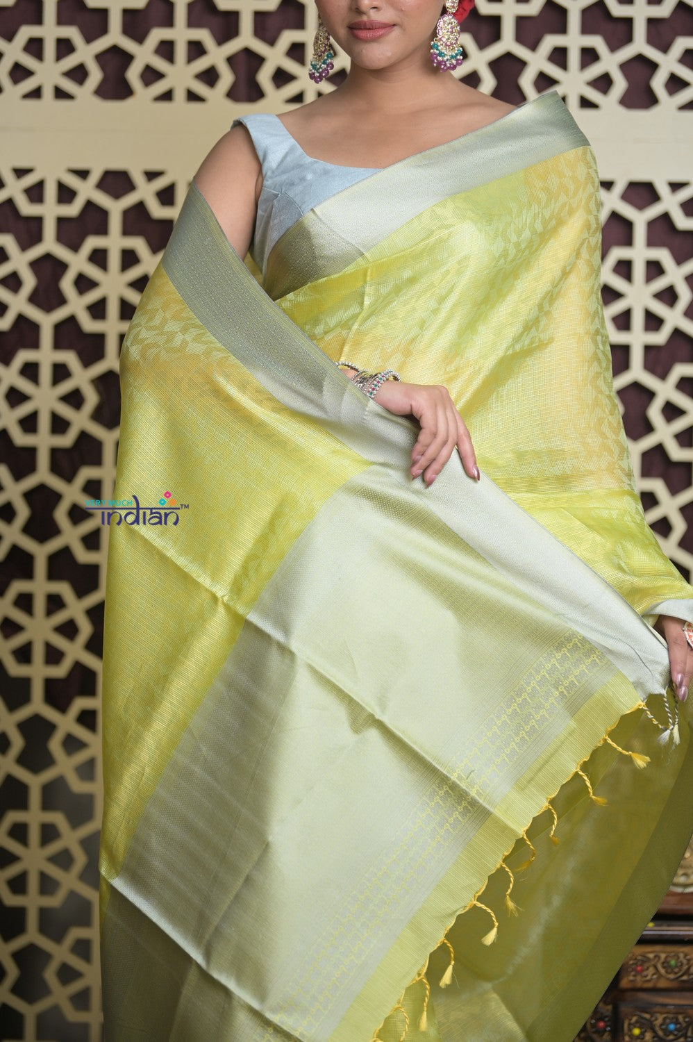 Shubh Lakshmi 2.0 ~ Designer Handloom Kota Silk Saree with Diamond Pattern in Lime Yellow