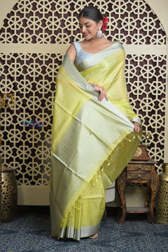 Shubh Lakshmi 2.0 ~ Designer Handloom Kota Silk Saree with Diamond Pattern in Lime Yellow