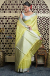Shubh Lakshmi 2.0 ~ Designer Handloom Kota Silk Saree with Diamond Pattern in Lime Yellow