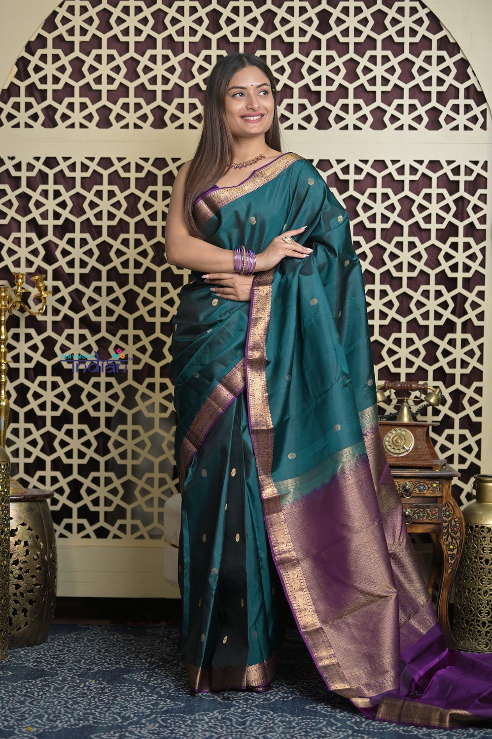 Shubh Lakshmi 2.0 ~ Handloom High Quality Pure Soft Silk Saree in Teal Green and Purple  (Silk Mark Certified)