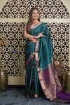 Shubh Lakshmi 2.0 ~ Handloom High Quality Pure Soft Silk Saree in Teal Green and Purple  (Silk Mark Certified)