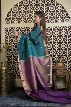 Shubh Lakshmi 2.0 ~ Handloom High Quality Pure Soft Silk Saree in Teal Green and Purple  (Silk Mark Certified)