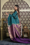 Shubh Lakshmi 2.0 ~ Handloom High Quality Pure Soft Silk Saree in Teal Green and Purple  (Silk Mark Certified)