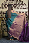 Shubh Lakshmi 2.0 ~ Handloom High Quality Pure Soft Silk Saree in Teal Green and Purple  (Silk Mark Certified)