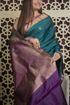 Shubh Lakshmi 2.0 ~ Handloom High Quality Pure Soft Silk Saree in Teal Green and Purple  (Silk Mark Certified)