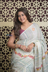 Shubh Lakshmi 2.0 ~ Handloom Linen Saree with Kantha Work in White and Sea Green