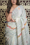 Shubh Lakshmi 2.0 ~ Handloom Linen Saree with Kantha Work in White and Sea Green