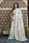 Shubh Lakshmi 2.0 ~ Handloom Linen Saree with Kantha Work in White and Sea Green