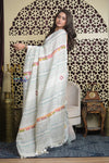 Shubh Lakshmi 2.0 ~ Handloom Linen Saree with Kantha Work in White and Sea Green