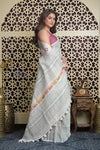 Shubh Lakshmi 2.0 ~ Handloom Linen Saree with Kantha Work in White and Sea Green