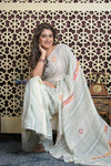 Shubh Lakshmi 2.0 ~ Handloom Linen Saree with Kantha Work in White and Sea Green