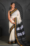 Virasat ~  Traditional Cotton Ilkal Saree in Beautiful Contrast Resham Pallu ~ White Black