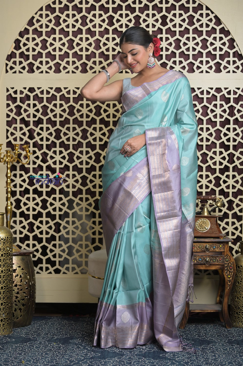 Shubh Lakshmi 2.0 ~ Handloom High Quality Pure Soft Silk Saree in Sea Blue and Lilac  (Silk Mark Certified)
