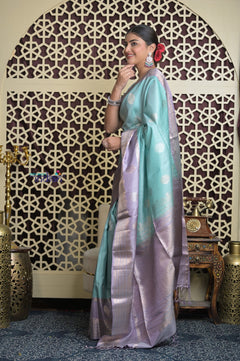 Shubh Lakshmi 2.0 ~ Handloom High Quality Pure Soft Silk Saree in Sea Blue and Lilac  (Silk Mark Certified)