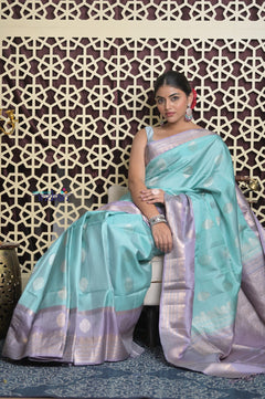 Shubh Lakshmi 2.0 ~ Handloom High Quality Pure Soft Silk Saree in Sea Blue and Lilac  (Silk Mark Certified)