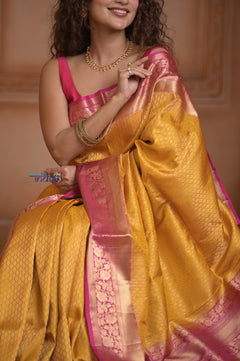 Shubh Lakshmi ~ Handloom High Quality Pure Soft Silk Saree in Yellow and Pink (Silk Mark Certified)