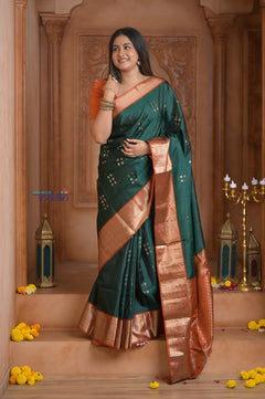 Shubh Lakshmi ~ Handloom High Quality Pure Soft Silk Saree in Dark Green and Orange (Silk Mark Certified)