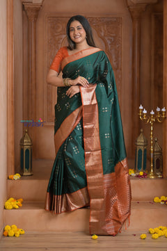 Shubh Lakshmi ~ Handloom High Quality Pure Soft Silk Saree in Dark Green and Orange (Silk Mark Certified)