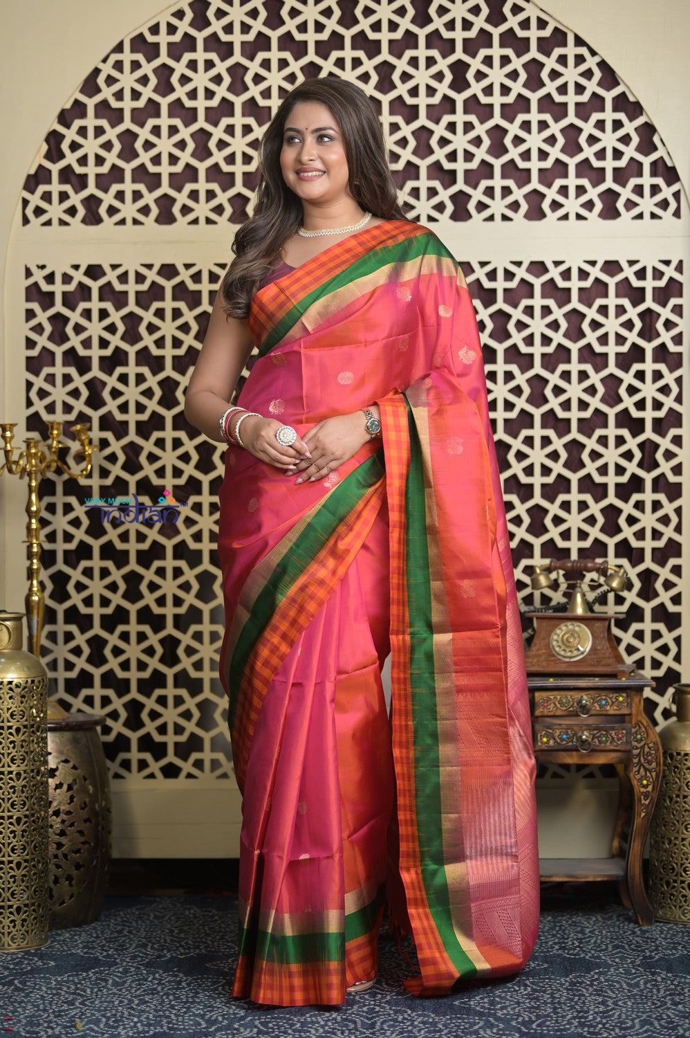 Shubh Lakshmi 2.0 ~ Handloom High Quality Pure Soft Silk Saree in Pink and Check Orange Border (Silk Mark Certified)