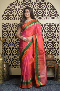 Shubh Lakshmi 2.0 ~ Handloom High Quality Pure Soft Silk Saree in Pink and Check Orange Border (Silk Mark Certified)