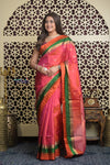 Shubh Lakshmi 2.0 ~ Handloom High Quality Pure Soft Silk Saree in Pink and Check Orange Border (Silk Mark Certified)