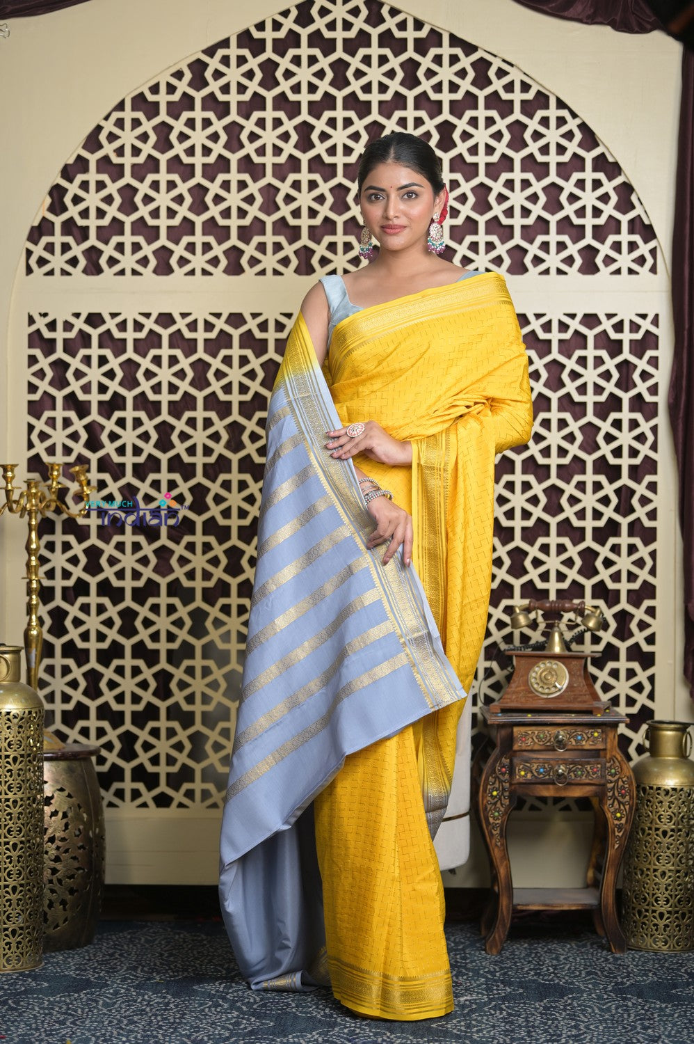 Shubh Lakshmi 2.0 ~ Handloom High Quality Pure Mysore Silk Saree in Starlight Yellow and Grey (Silk Mark Certified)