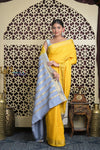 Shubh Lakshmi 2.0 ~ Handloom High Quality Pure Mysore Silk Saree in Starlight Yellow and Grey (Silk Mark Certified)
