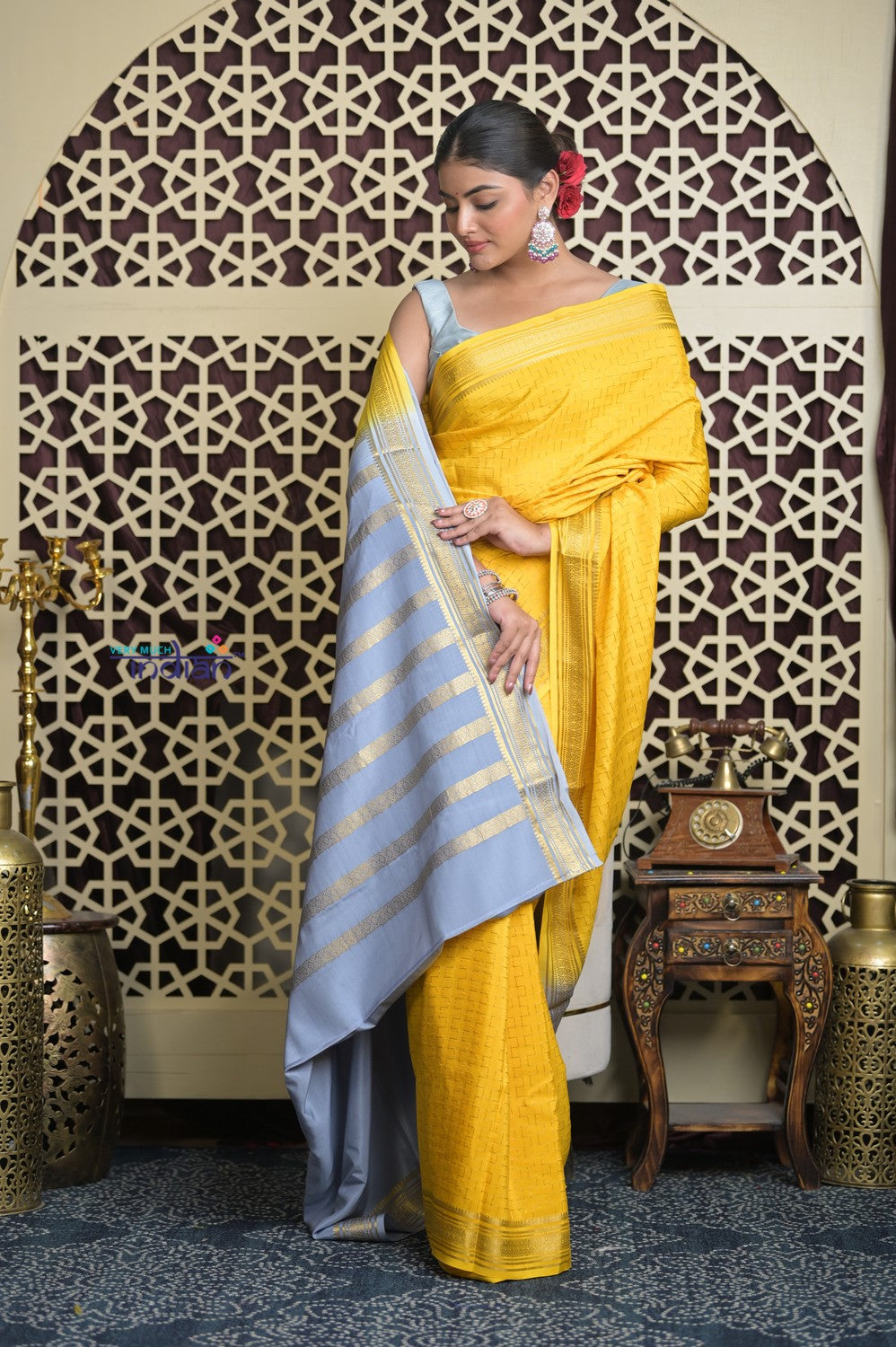 Shubh Lakshmi 2.0 ~ Handloom High Quality Pure Mysore Silk Saree in Starlight Yellow and Grey (Silk Mark Certified)