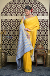 Shubh Lakshmi 2.0 ~ Handloom High Quality Pure Mysore Silk Saree in Starlight Yellow and Grey (Silk Mark Certified)