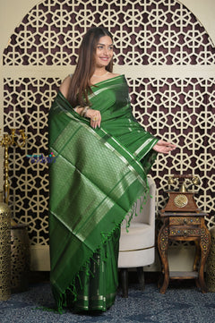 Shubh Lakshmi 2.0 ~ Handloom High Quality Pure Soft Silk Saree in Dark Green (Silk Mark Certified)