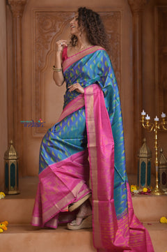 Shubh Lakshmi ~ Handloom Pure Silk Ikkat Patola Saree in Sky Blue and Pink (Silk Mark Certified)