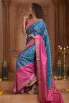 Shubh Lakshmi ~ Handloom Pure Silk Ikkat Patola Saree in Sky Blue and Pink (Silk Mark Certified)