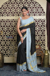 Shubh Lakshmi 2.0 ~ Handloom High Quality Pure Mysore Silk Saree in Black and Grey (Silk Mark Certified)