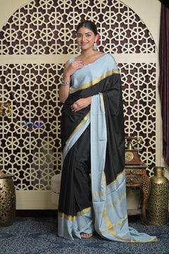 Shubh Lakshmi 2.0 ~ Handloom High Quality Pure Mysore Silk Saree in Black and Grey (Silk Mark Certified)