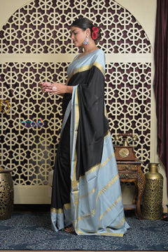 Shubh Lakshmi 2.0 ~ Handloom High Quality Pure Mysore Silk Saree in Black and Grey (Silk Mark Certified)