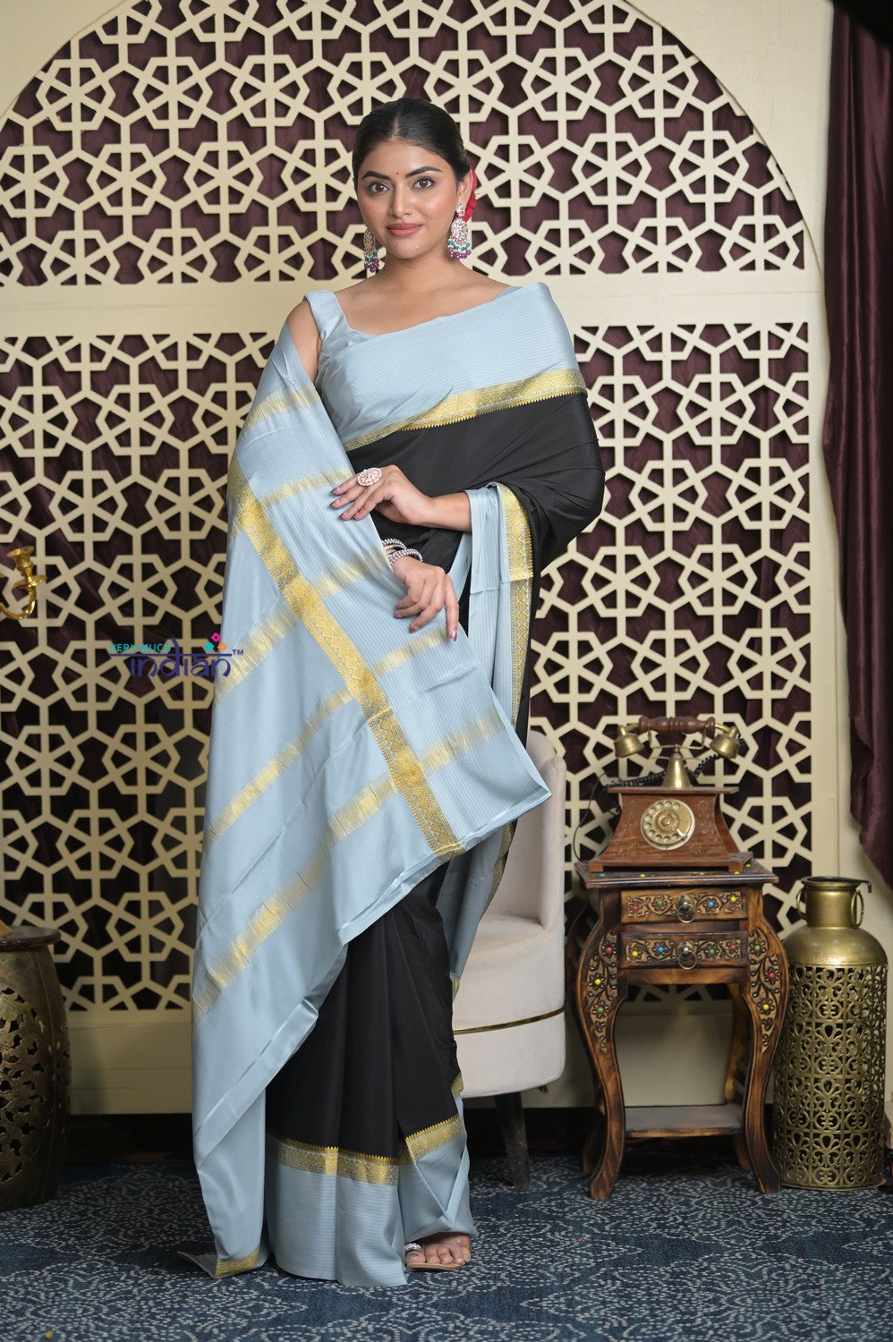 Shubh Lakshmi 2.0 ~ Handloom High Quality Pure Mysore Silk Saree in Black and Grey (Silk Mark Certified)