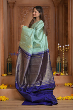 Shubh Lakshmi ~ Handloom High Quality Pure Soft Silk Saree in Sea Green and Dark Blue (Silk Mark Certified)