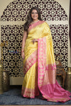 Shubh Lakshmi 2.0 ~ Handloom High Quality Pure Katan Silk Saree in Butter Yellow and Pink (Silk Mark Certified)
