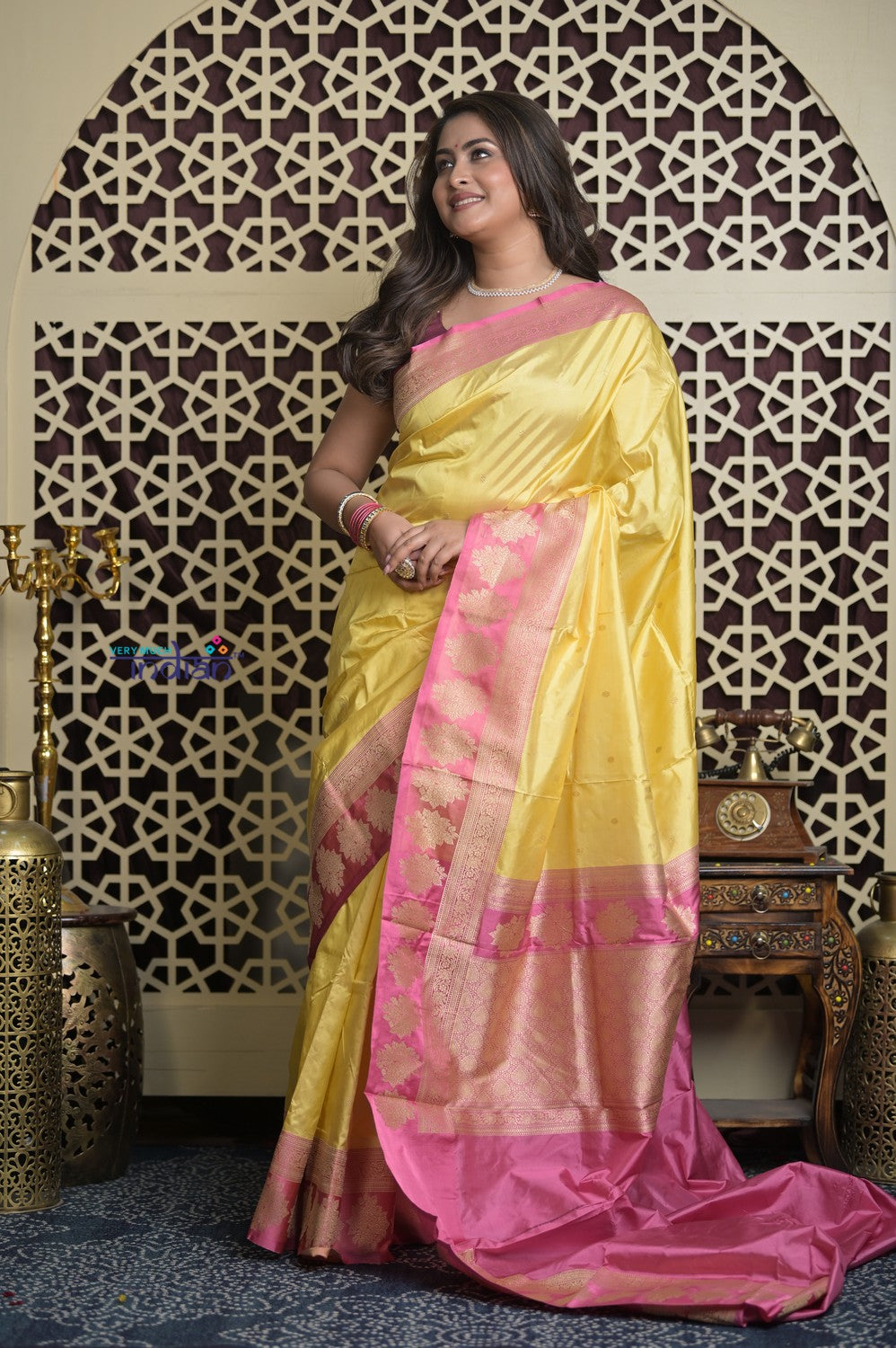 Shubh Lakshmi 2.0 ~ Handloom High Quality Pure Katan Silk Saree in Butter Yellow and Pink (Silk Mark Certified)
