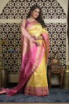 Shubh Lakshmi 2.0 ~ Handloom High Quality Pure Katan Silk Saree in Butter Yellow and Pink (Silk Mark Certified)