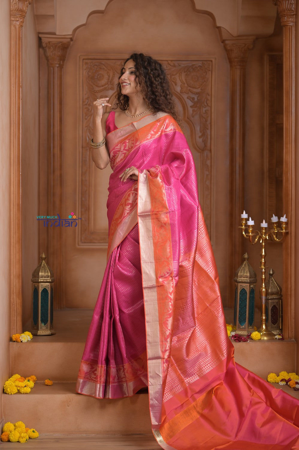 Shubh Lakshmi ~ Handloom High Quality Pure Soft Silk Brocade Saree in Pink and Orange (Silk Mark Certified)
