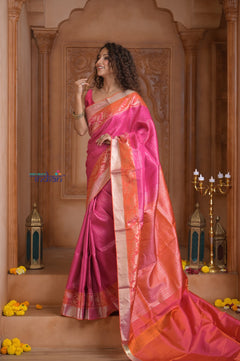 Shubh Lakshmi ~ Handloom High Quality Pure Soft Silk Brocade Saree in Pink and Orange (Silk Mark Certified)