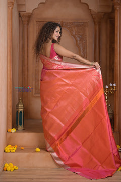 Shubh Lakshmi ~ Handloom High Quality Pure Soft Silk Brocade Saree in Pink and Orange (Silk Mark Certified)