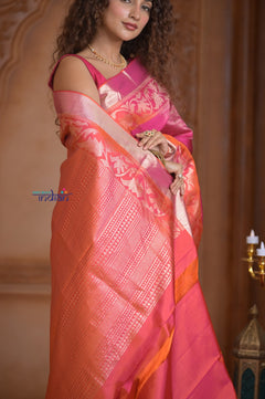Shubh Lakshmi ~ Handloom High Quality Pure Soft Silk Brocade Saree in Pink and Orange (Silk Mark Certified)