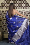 Shubh Lakshmi 2.0 ~ Handloom Pure Katan Silk Saree in Marine Blue (Silk Mark Certified)