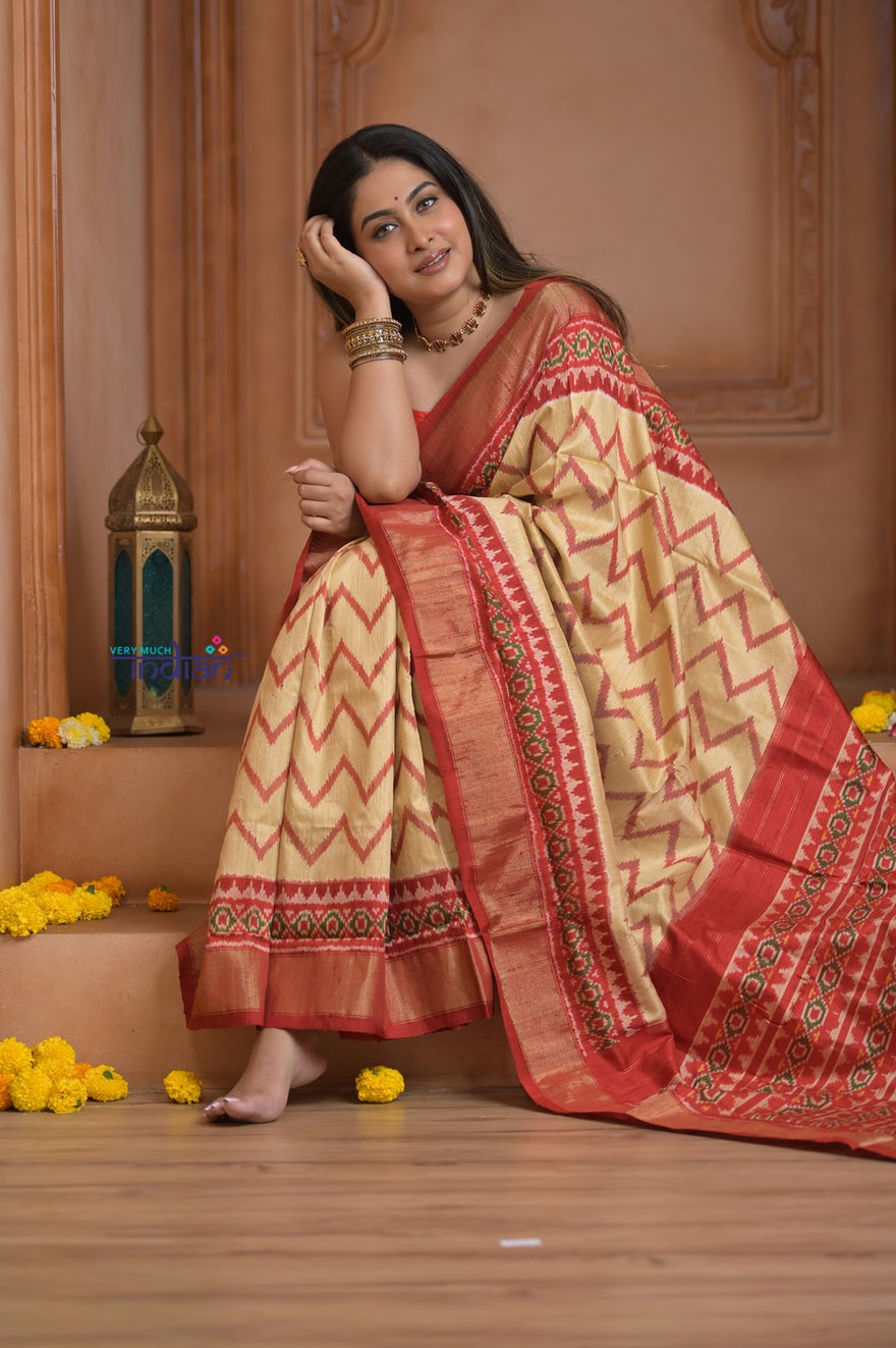 Shubh Lakshmi ~ Handloom Pure Silk Ikkat Patola Saree in Yellow and Red (Silk Mark Certified)