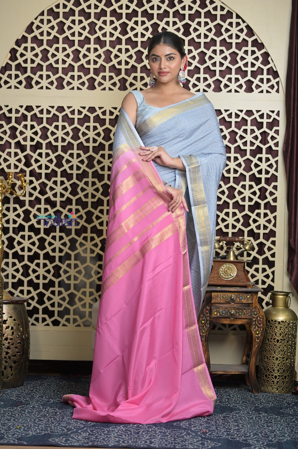 Shubh Lakshmi~ Handloom High Quality Pure Mysore Silk Saree in Powder Blue (Silk Mark Certified)