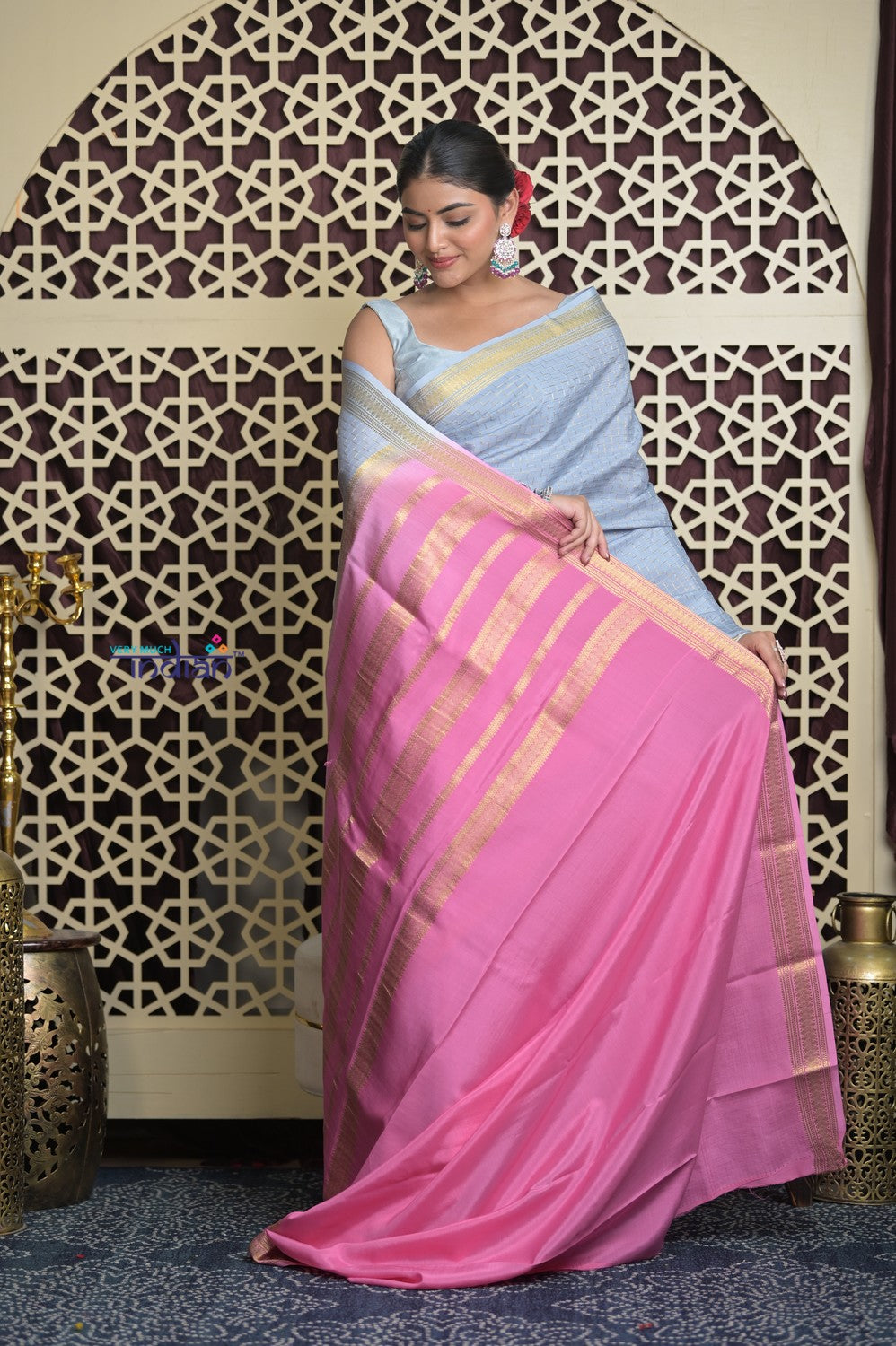 Shubh Lakshmi~ Handloom High Quality Pure Mysore Silk Saree in Powder Blue (Silk Mark Certified)